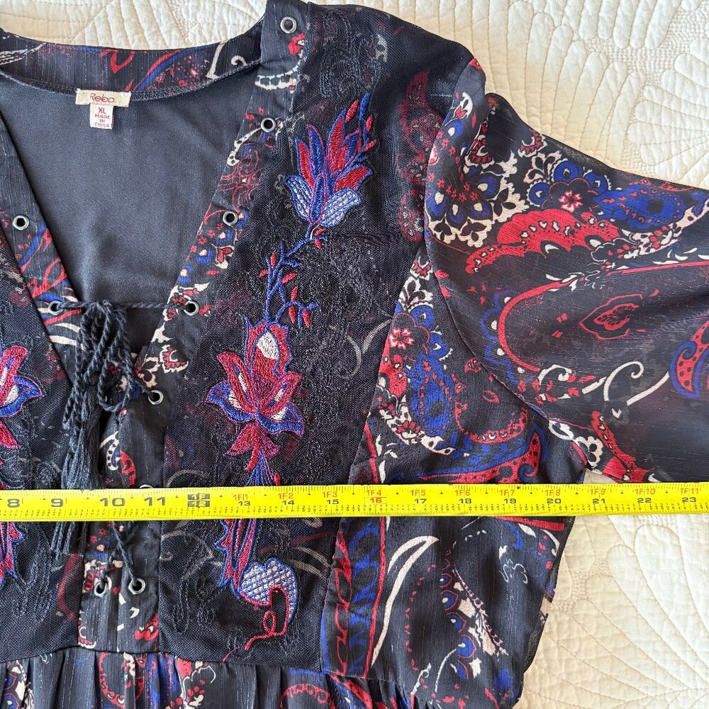 Reba Black Lace Up Paisley Print Metallic Bohemian Embroidered Maxi Dress XL - Picture 15 of 17